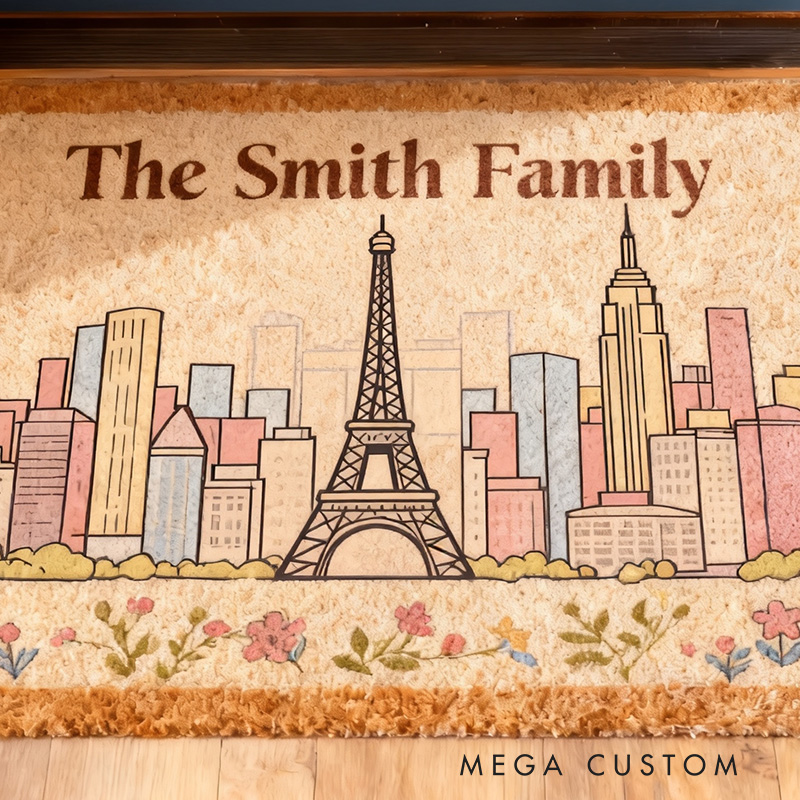 Personalized Family Doormat Custom Name Welcome Mat with Eiffel Tower Cityscape Durable Entryway Rug for Home Decor Front Door Outdoor Indoor Use