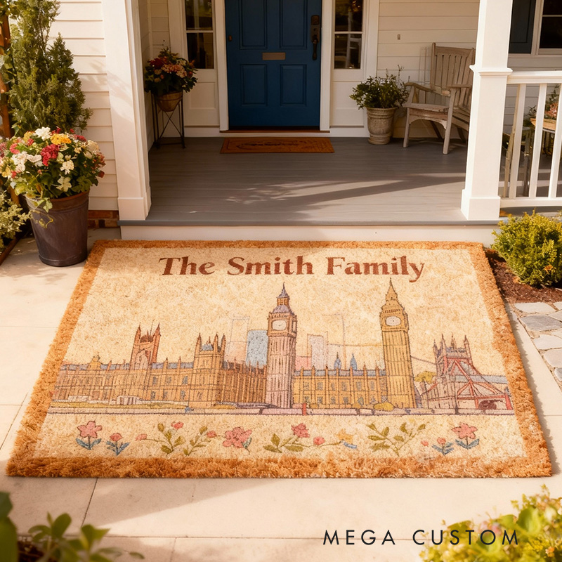 Personalized Family Doormat Custom Name Welcome Mat with London Skyline Durable Entryway Rug for Home Decor Front Door Outdoor Indoor Use