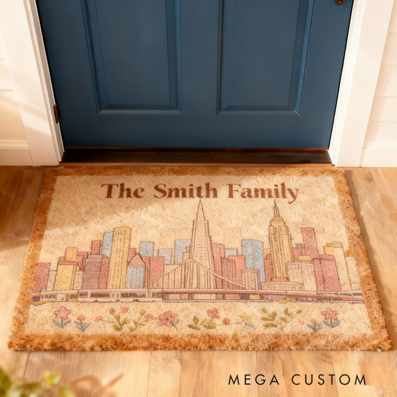 Personalized Family Doormat Custom Name Welcome Mat with San Francisco Skyline Entryway Rug for Home Decor Front Door Outdoor Indoor Use