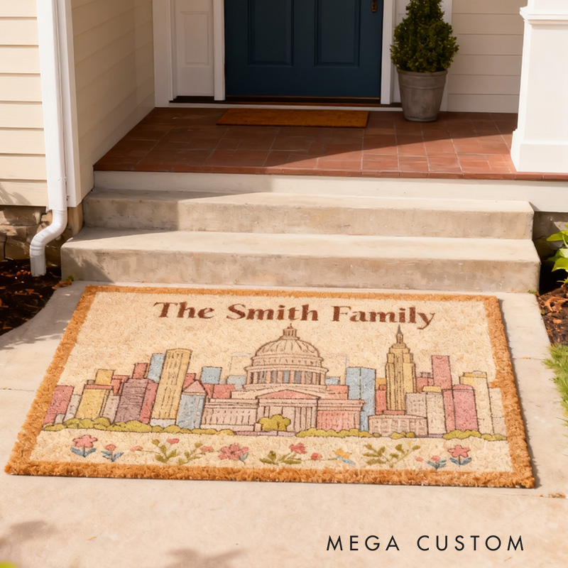 Personalized Family Doormat Custom Name Welcome Mat with Washington Skyline Line Durable Entryway Rug for Home Decor Front Door Outdoor Indoor Use