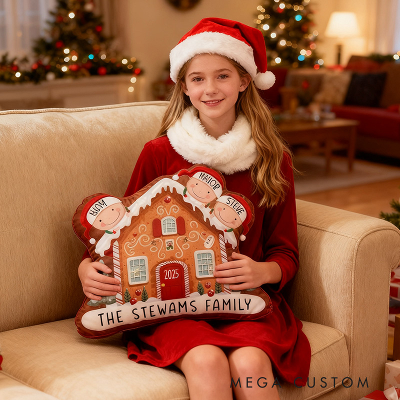 Personalized Gingerbread House Pillow Custom Family Name Holiday Decor Cushion with Festive Design Christmas Decoration for Living Room Christmas Gift