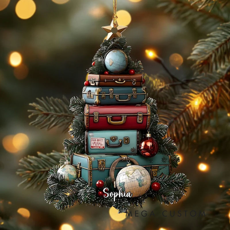 Personalized Travel Suitcase Ornament Acrylic Or Wood Christmas Tree Decor Wanderlust Luggage Stack Gifts for Travel Lovers 