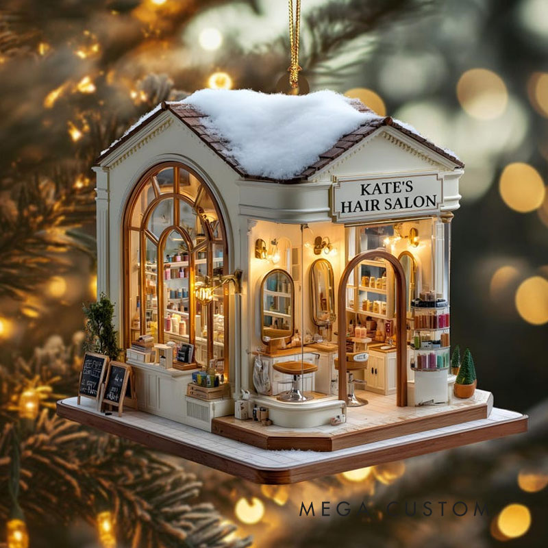 Personalized Hair Salon Stylist Shop with Snowy Roof & Lights Custom Name Year Gift for Her for Him