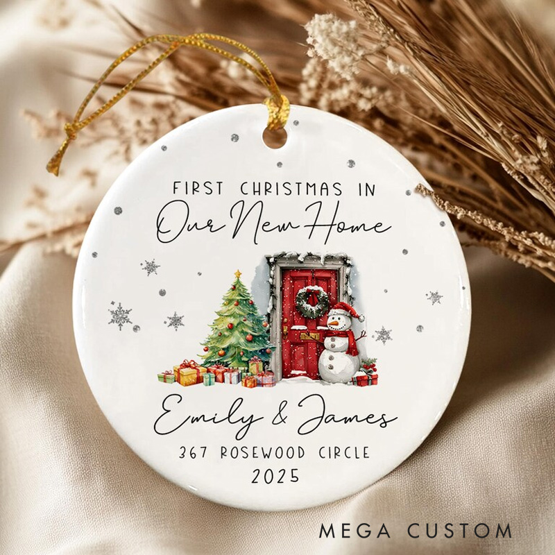 Personalized First Christmas Ornament Custom Names and Address New Home Holiday Decoration Ceramic Keepsake 2025 Festive Gift for Families and Friends