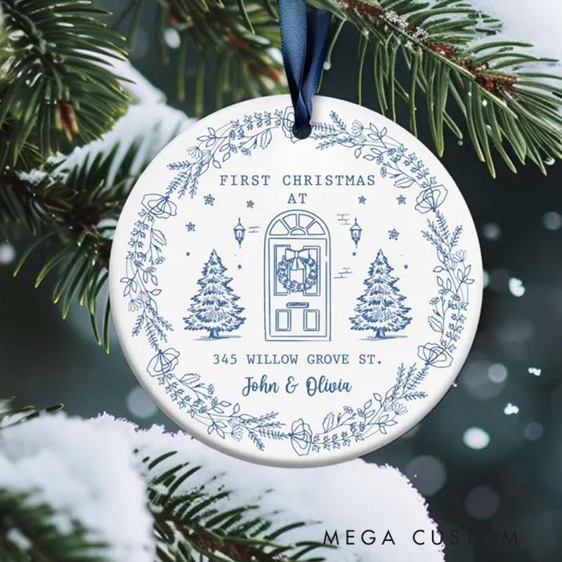 Personalized First Christmas Ornament Custom Names and Address Elegant Ceramic Keepsake Holiday Decoration New Home Gift for Families and Friends