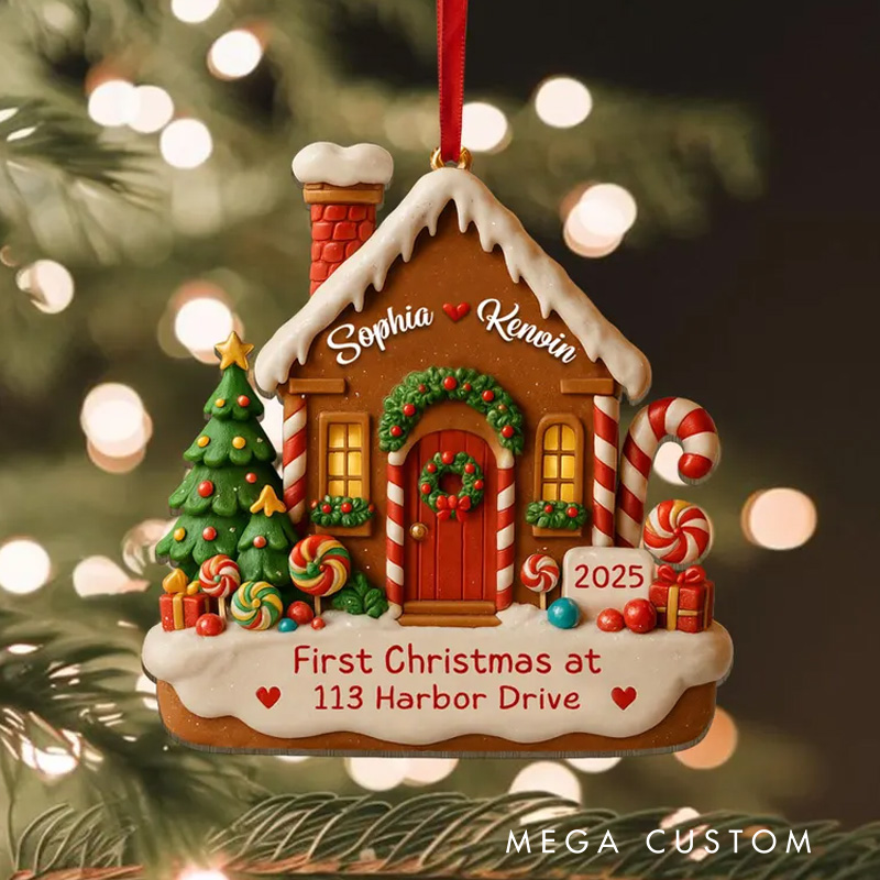 Personalized Gingerbread House Ornament Custom Names and Address First Christmas Keepsake 2025 Festive Holiday Decoration Gift for New Homeowners