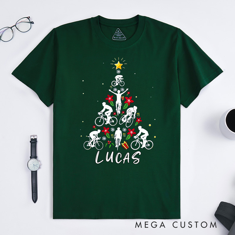Personalized Classic T-shirt Christmas Tree Bicycle Bike Love Xmas Gift T shirt Funny Bicycle Christmas Sweatshirt Bike Riding Lover Gift Christmas Cyclist Shirt for Riding Lovers