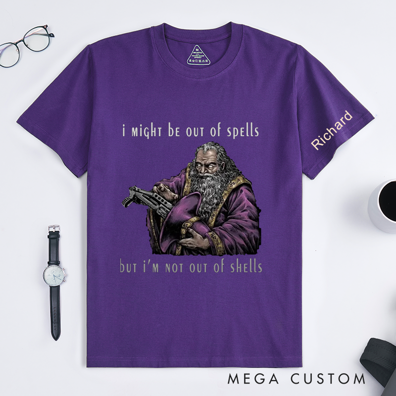 Personalized Wizard Mage with Gun Classic T-Shirts Custom Funny Out of Spells Not Out of Shells Gift for Magic Lovers Men Women Unisex Unique Tee