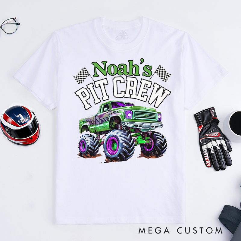 Personalized Monster Truck Pit Crew T‑Shirt Custom Name Classic Racing Tee Family Matching Shirt Car Lover Gift