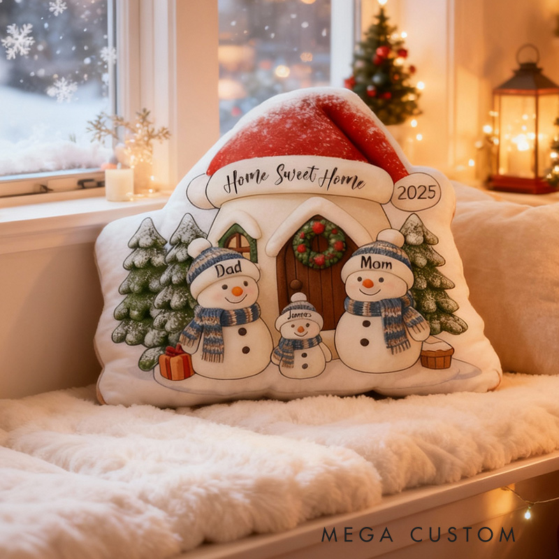 Personalized Christmas Pillow Graphic 3D Print Custom Family Names Cozy Holiday Decor with Snowman Family and Festive House Soft Accent Cushion Gift