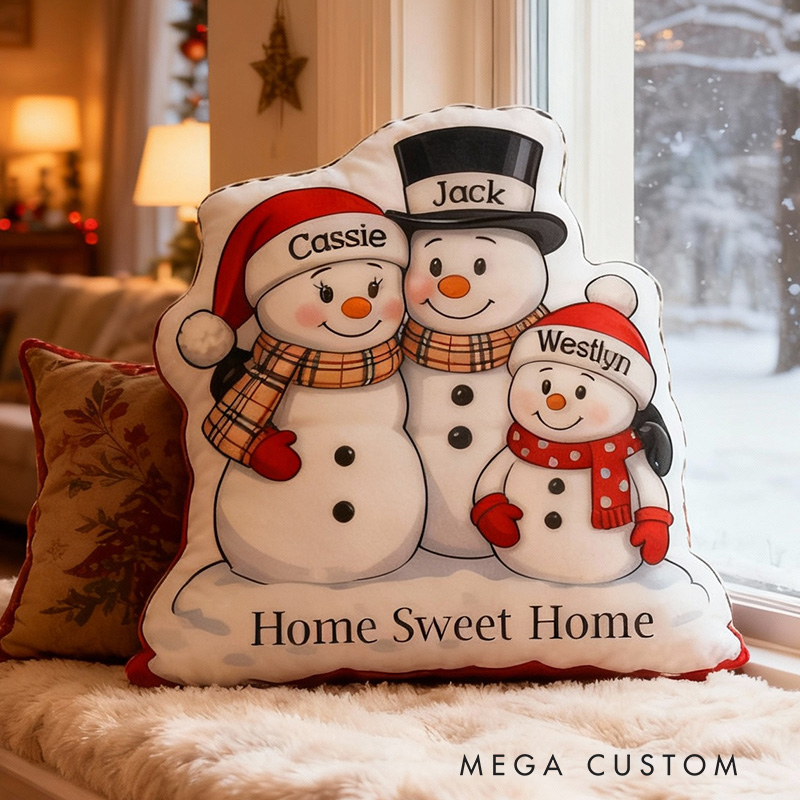 Personalized Family Pillow Graphic 3D Print Custom Names Cozy Holiday Decor with Snowman Family Design Soft Accent Cushion Perfect Gift