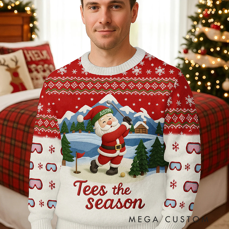 Personalized "Tees the Season" Skiing Golf Santa Christmas Sweatshirt with Custom Name