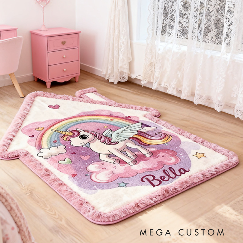 Personalized Rug for Kids Room House-Shaped Soft Plush Carpet Custom Name Children’s Bedroom Decor First Christmas in New Home Gifts