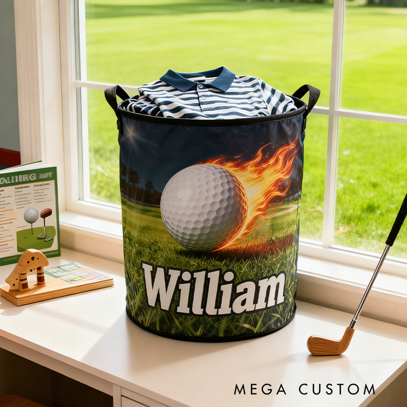 Personalized Golf Storage Basket with Custom Name and Fiery Ball Design for Enthusiasts