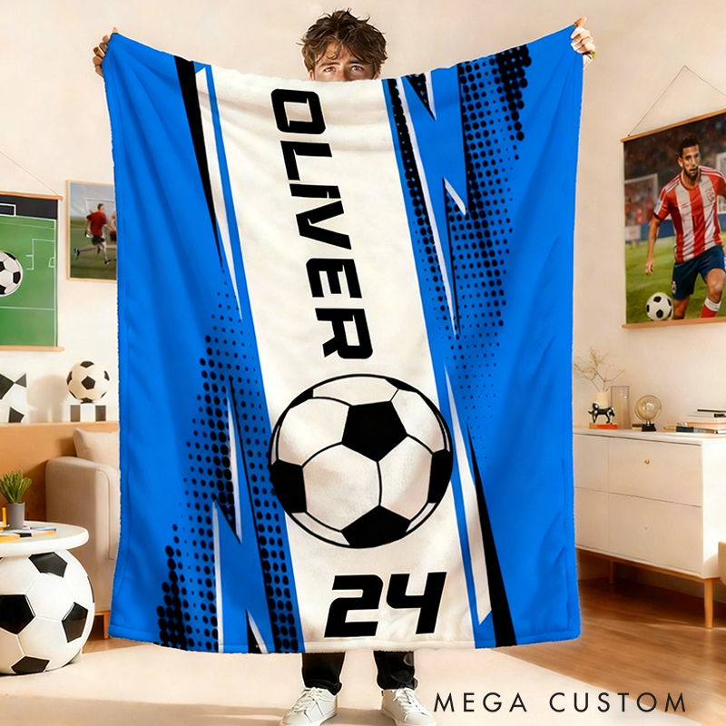 Personalized Soccer Blanket with Custom Name and Jersey Number for Soccer Fans. 