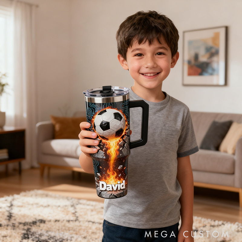 Personalized Soccer Tumbler with Custom Name and Flaming Ball Design for Fans and Athletes