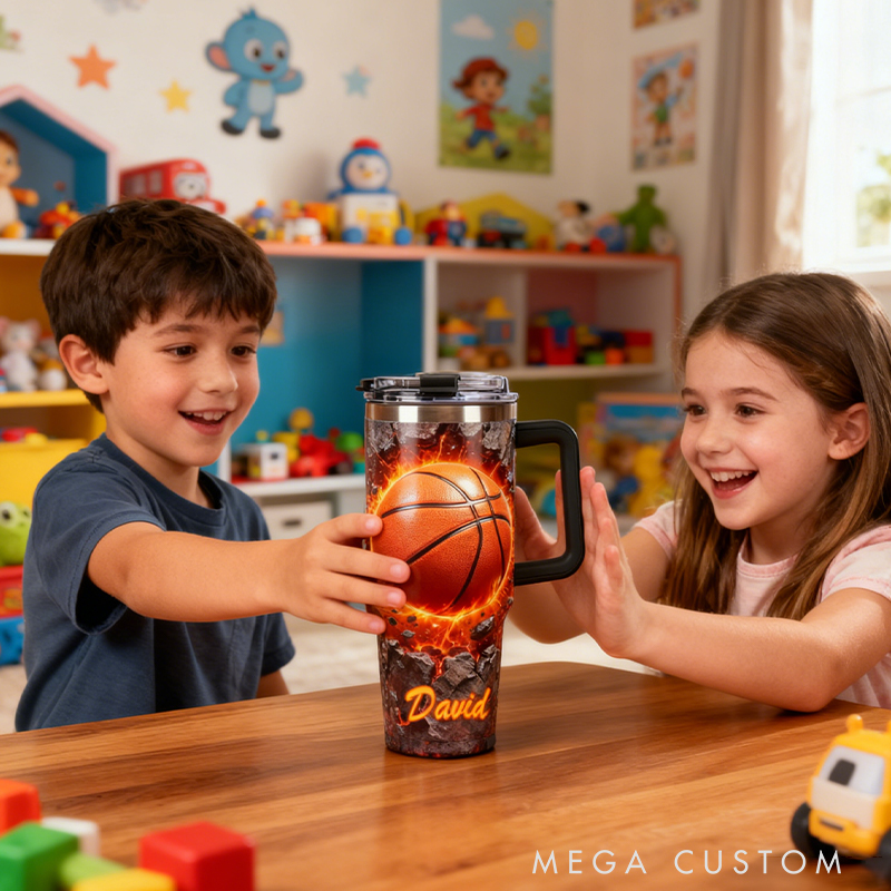 Personalized Basketball Tumbler with Custom Name and Fiery Design for Fans and Players