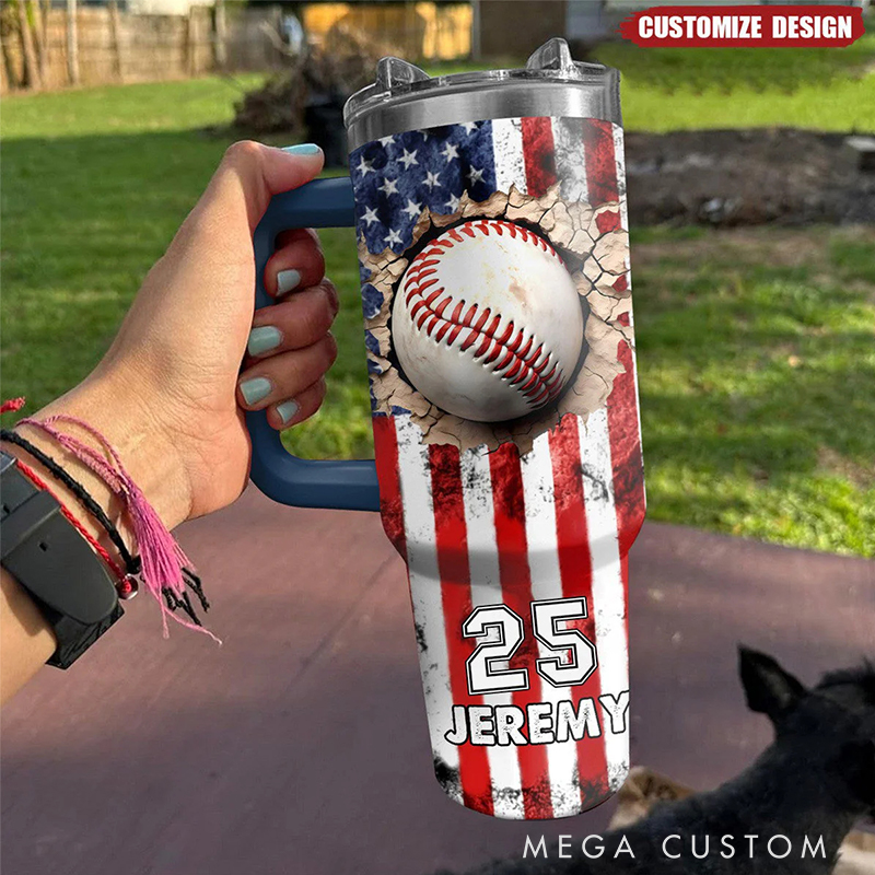 Personalized Baseball Tumbler with Custom Name, Number, and American Flag Design