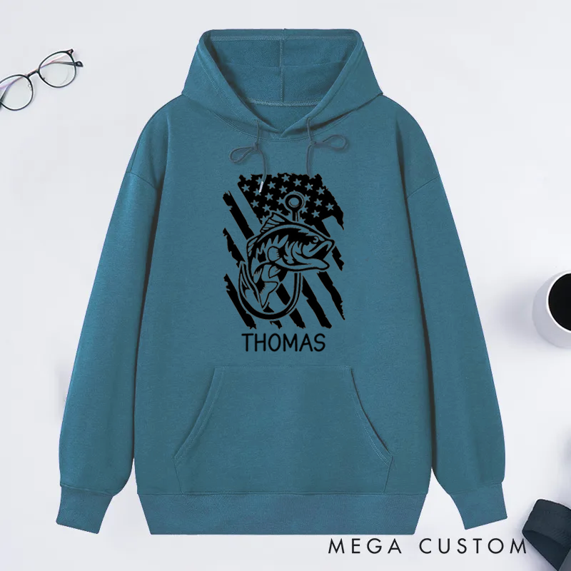 Personalized Fishing Hoodie with American Flag and Fish Design Custom Name Perfect Gift for Fishing Lovers