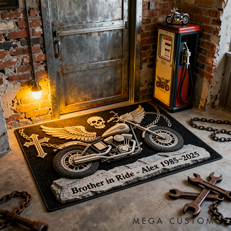 Personalized Brother in Ride Motorcycle Memorial Doormat Custom Name Dates and Text Gift for Bikers