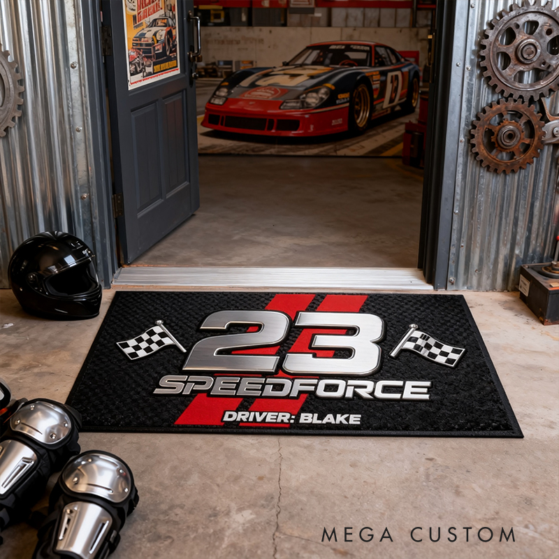 Personalized Racing Door Mat Custom Name and Number Checkered Flag Design Gift for Car and Motorsport Lovers
