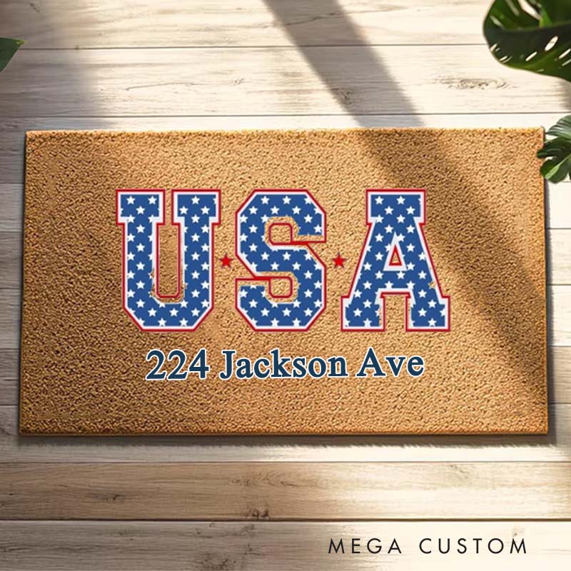 Personalized USA Doormat Custom Address Design Patriotic Durable Coir Welcome Mat Stylish Home Entryway Decor Perfect Gift For Housewarming