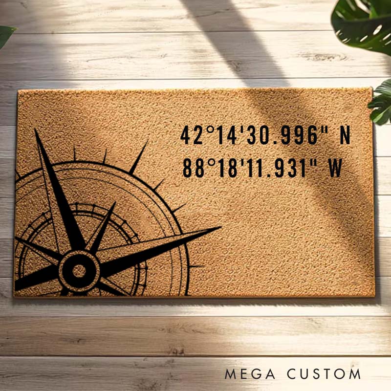 Personalized Coordinates Doormat Custom Location Design Durable Coir Welcome Mat Nautical Compass Home Entryway Decor Perfect Gift For Housewarming