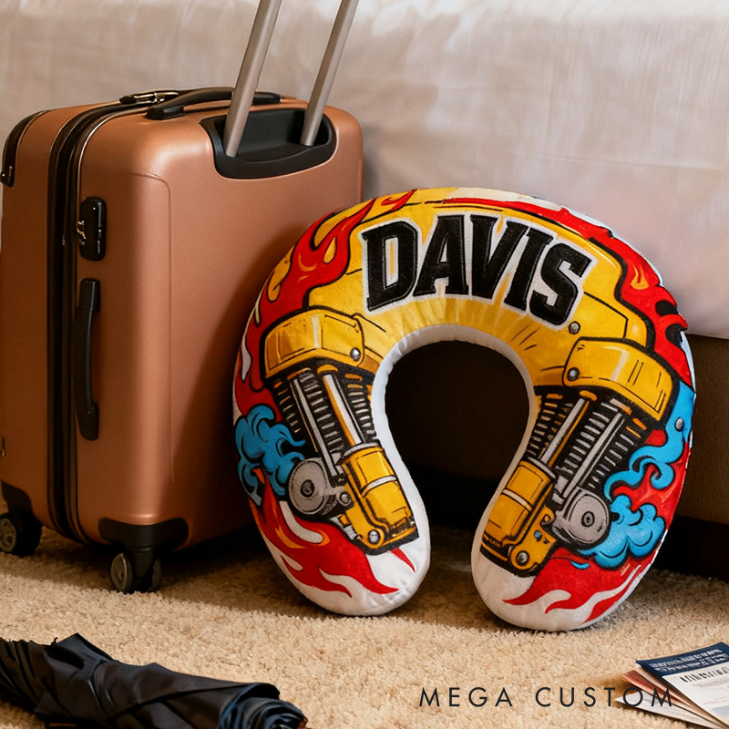 Personalized Racing Flame Neck Pillow Custom Name U‑Shaped Travel Cushion for Car Lovers and Motorsport Fans