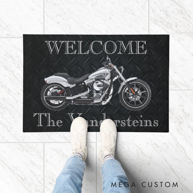 Personalized Motorcycle Welcome Mat Custom Family Name Doormat for Biker Homes and Motorcycle Lovers