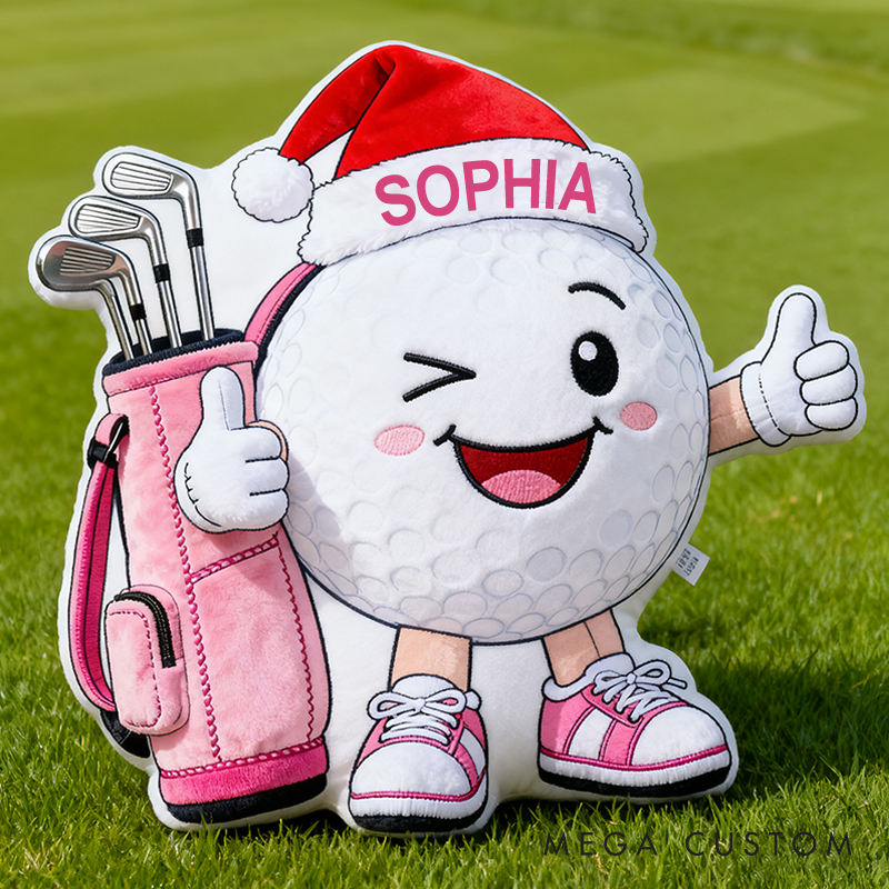 Personalized Golf Ball Pillow with Santa Hat and Custom Name for Golf Lovers