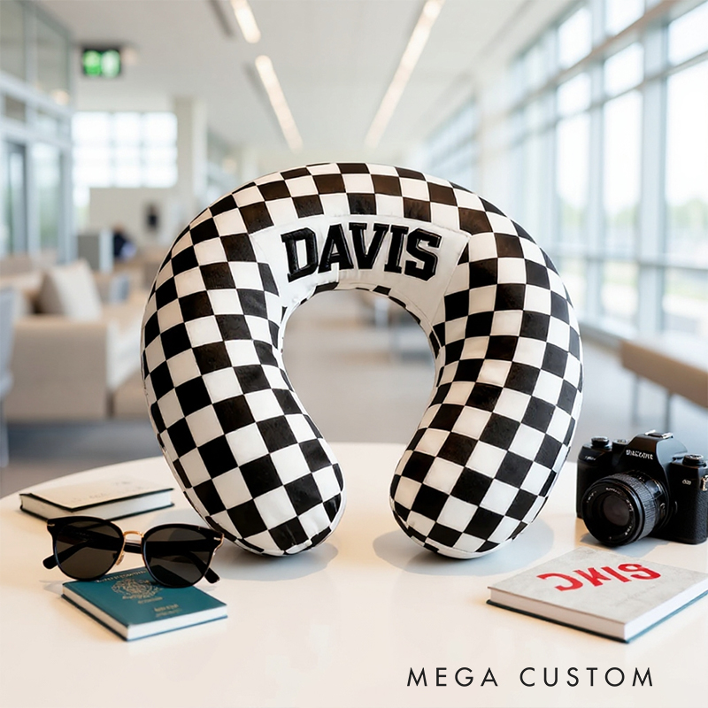 Personalized Racing Checkered Flag Travel Neck Pillow Custom Name U‑Shape Cushion for Racers and Racing Enthusiasts