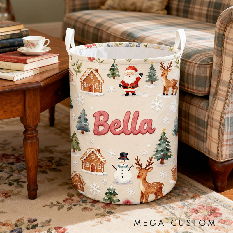 Personalized Christmas Laundry Basket Custom Name Hamper Foldable Storage Bin Durable Organizer For Holiday Decor Kids Playrooms Or Living Rooms