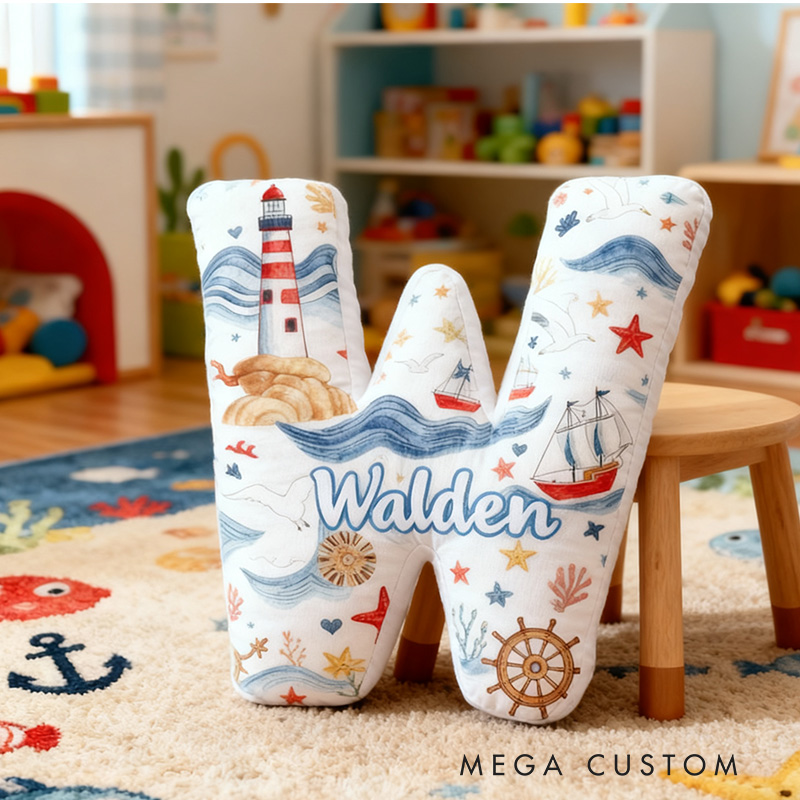 Personalized Letter Shaped Pillow Lighthouse Sailboat Design Perfect Gift for Children Bedrooms Playrooms Or Coastal Home Decor New Beginning Gift