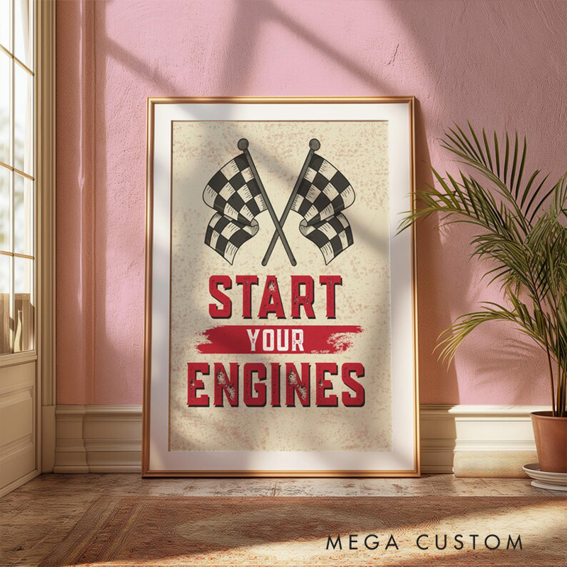 Personalized Racing Wall Art Print Custom Text Race Flag Poster Gift for Car Lovers or Man Cave Decoration