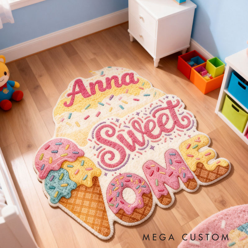Personalized Rug Sweet Home Ice Cream Rug Custom Name Soft Colorful Doormat Decorative Accent For Kids Bedrooms Playrooms Or Unique Home Decor
