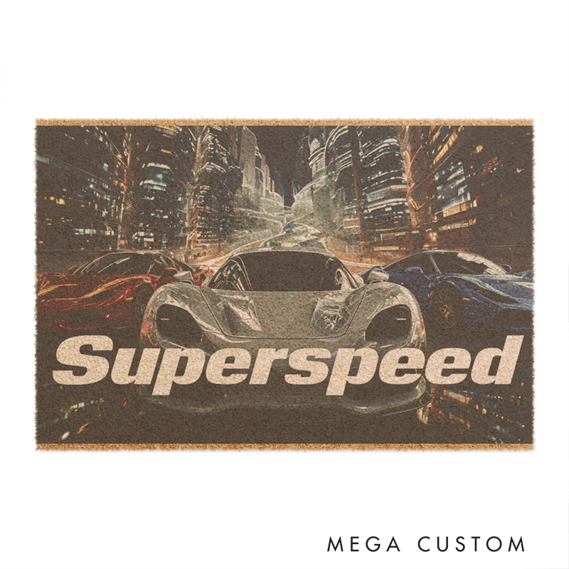 Personalized Racing Car Coir Doormat Custom Text Super Speed Design for Garage or Home Decor