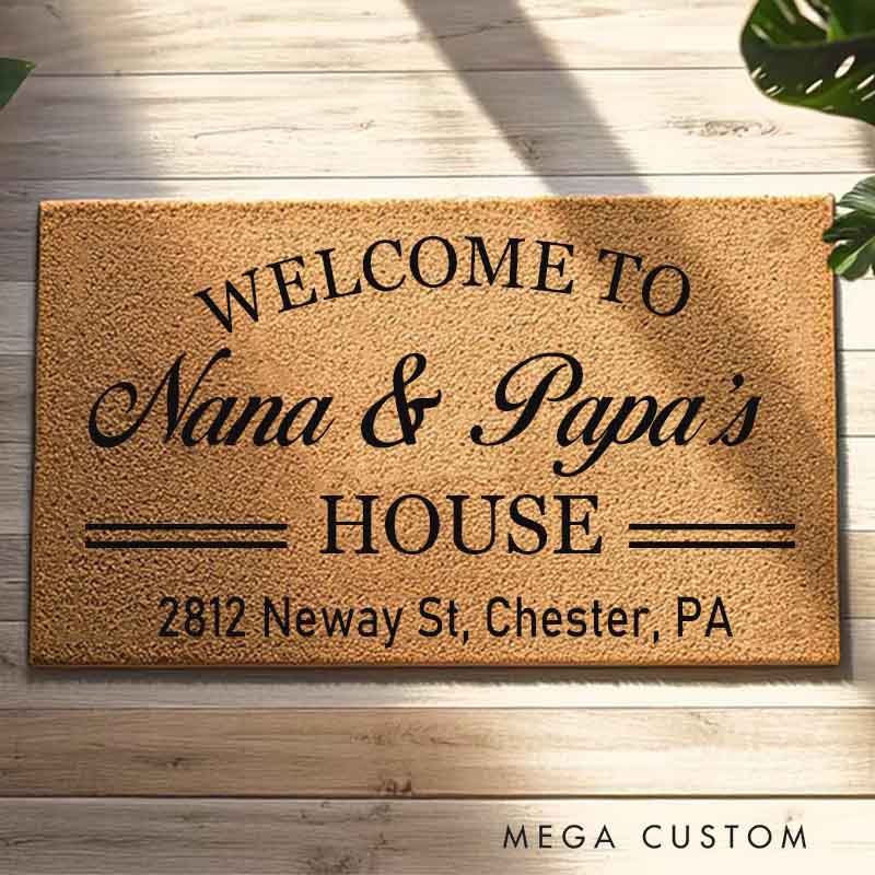 Personalized Welcome To Nana & Papa's House Doormat Custom Durable Coir Rug Decorative Accent For Entryways Porches Or Unique Housewarming Gifts
