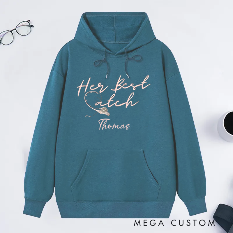 Personalized Fishing Couple Hoodies Funny Fishing Sweatshirt His or Her Best Catch Design Custom Name Romantic Gift for Fishing Lovers Wife Husband or Couples