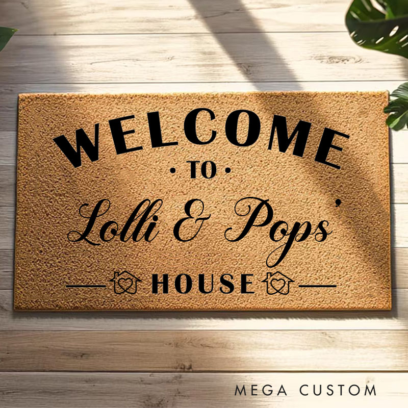 Personalized Welcome To Lolli & Pops’ House Custom House Doormat Durable Coir Rug Elegant Decorative Accent For Entryways Porches Housewarming Gifts