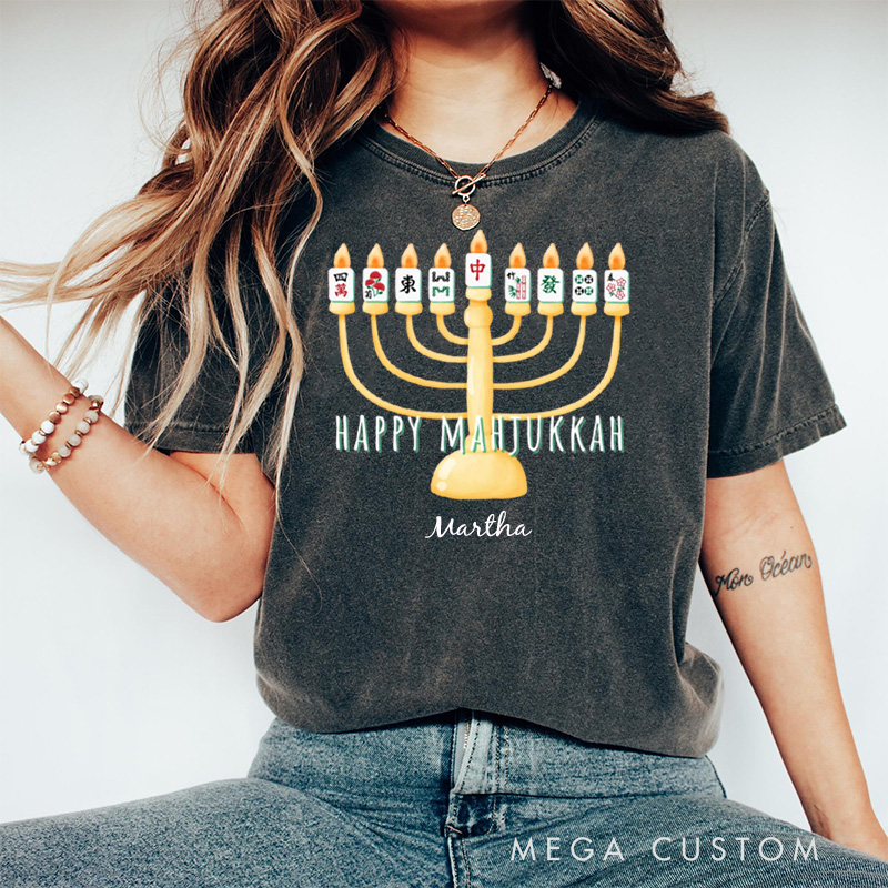 Personalized Hanukkah Mahjong Washed T-Shirt with Name Mahjong Lovers Holiday Shirt Mahj Funny Tee Jewish Holiday Gift Religious Funny Gift