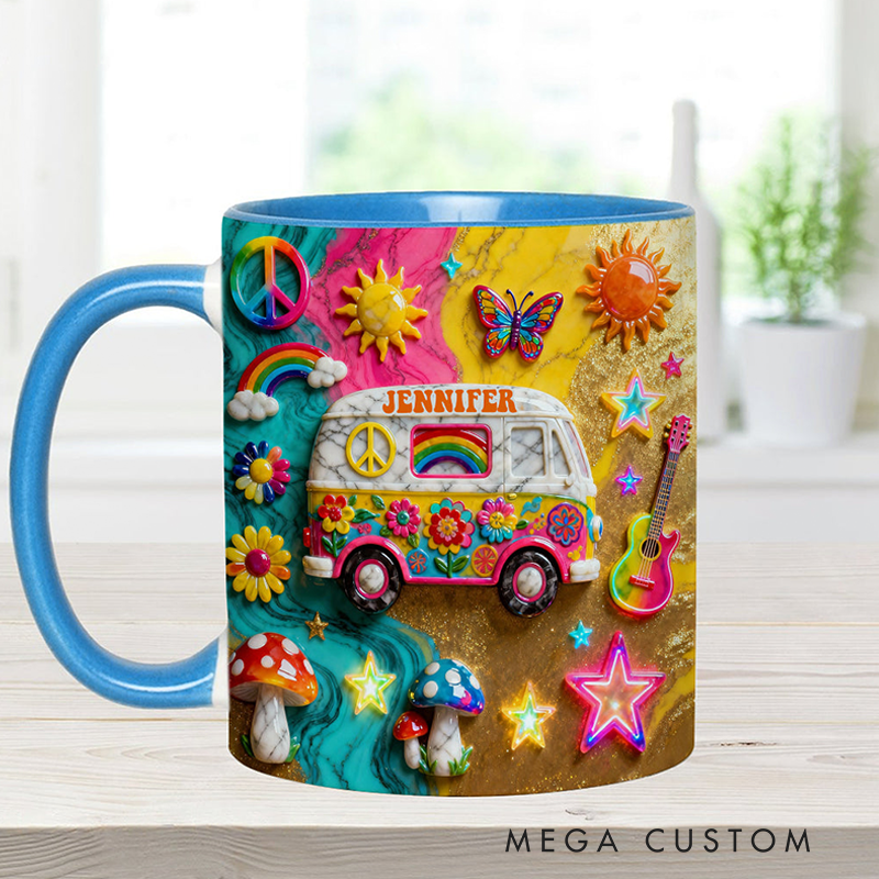 Personalized Hippie Souls Accent Mug Custom Name Colorful Hippie Car Hippie Coffee Mug Bohemian Coffee Mug