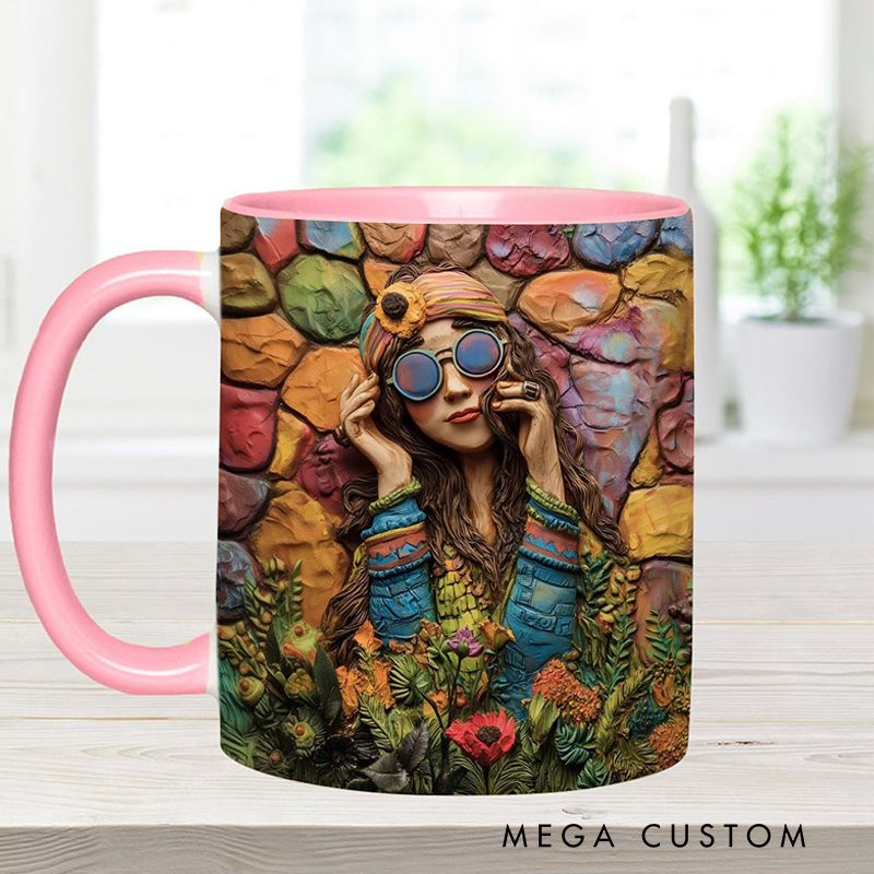 Personalized Hippie Accent Mug Custom Name Hippie Girl Hippie Soul Peace Love Mug for Music Lover Gift