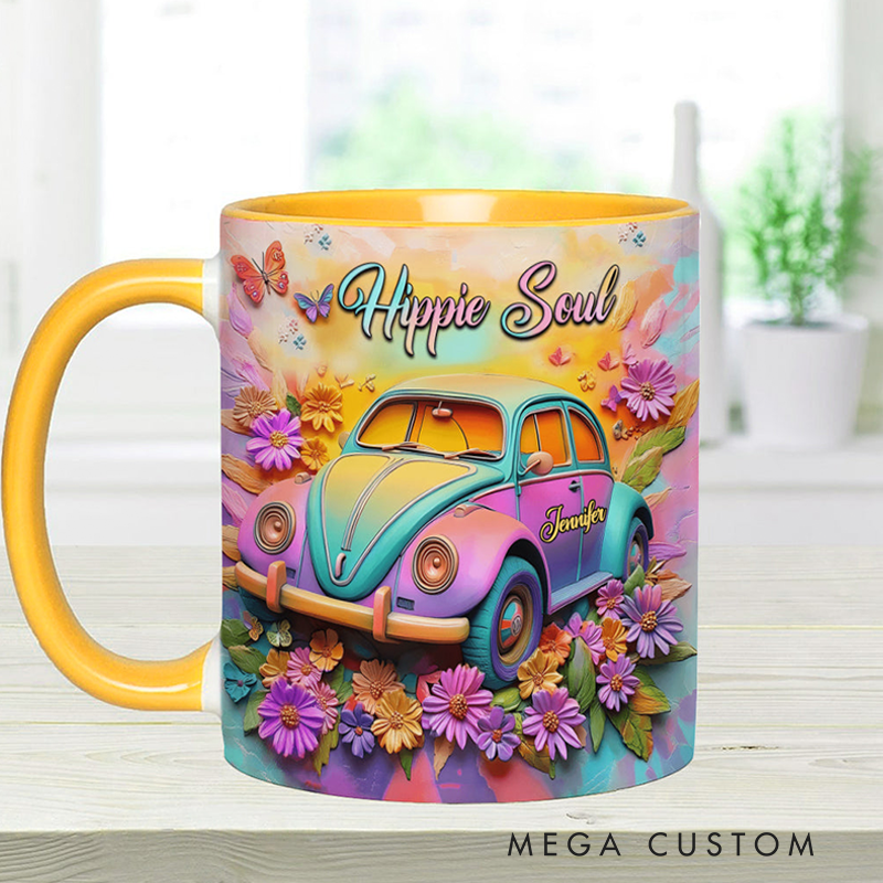 Personalized Hippie Souls Accent Mug Custom Name Colorful Hippie Car Hippie Coffee Mug Bohemian Coffee Mug