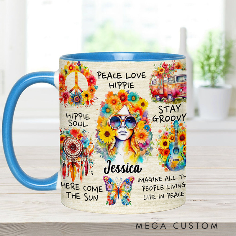 Personalized Hippie Accent Mug Custom Name Hippie Girl Hippie Soul Peace Love Mug for Music Lover Gift
