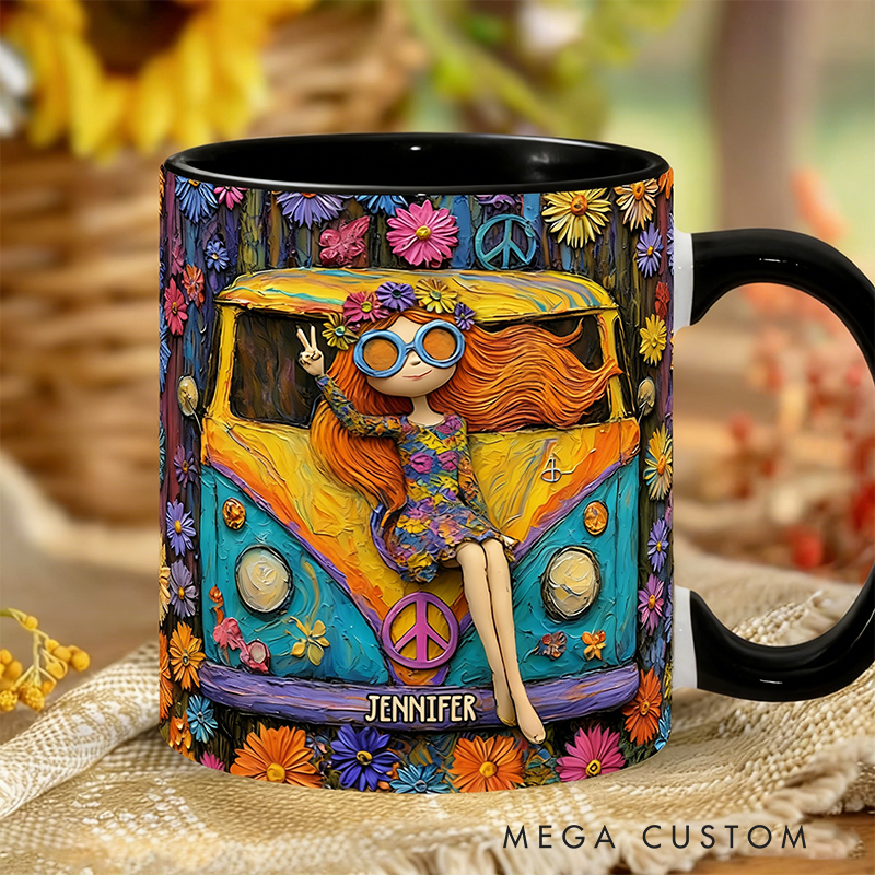 Personalized Hippie Accent Mug Custom Name Hippie Girl and Cars Hippie Soul Peace Love Mug for Music Lover Gift