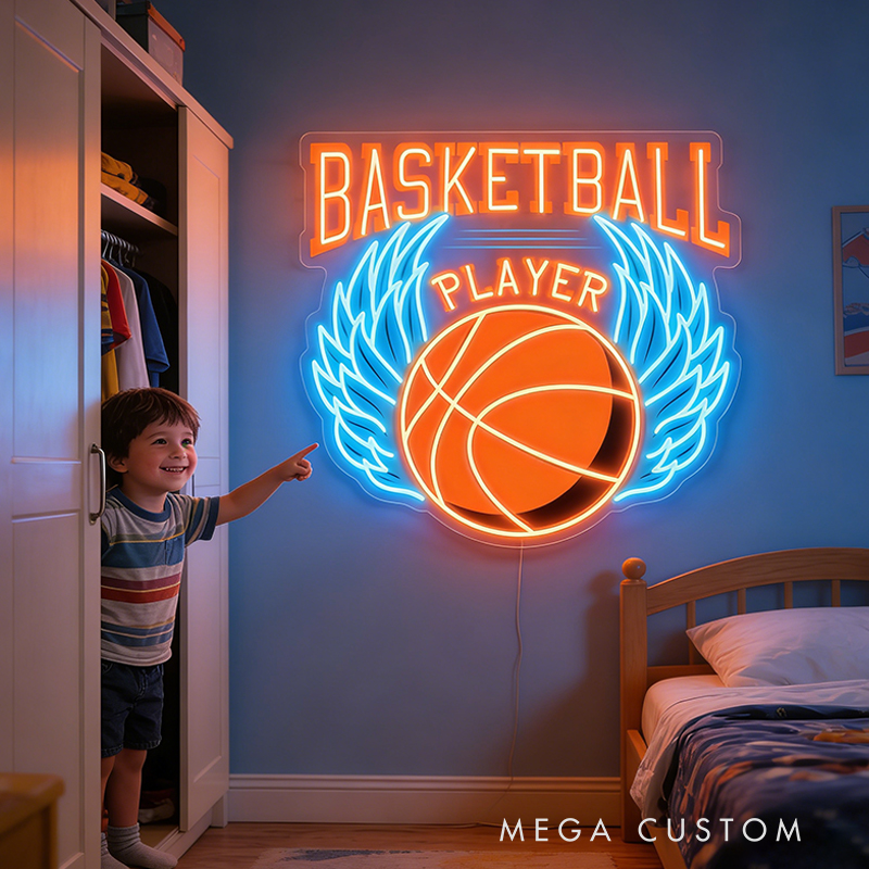 Personalized LED Basketball Neon Sign with Winged Ball Design for Basketball Lovers Teenage Boy Gifts