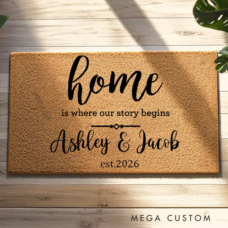 Personalized Home Doormat Custom Our Story Begins Design Durable Coir Welcome Mat for Couples New Home Housewarming Gift for Newlyweds