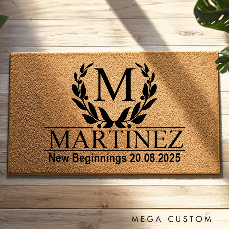 Personalized New Beginnings Doormat Custom Initial Design Durable Coir Welcome Mat for New Home Entryway Thoughtful Housewarming Gift for Families