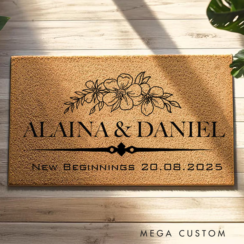 Personalized New Beginnings Doormat Custom Floral Design Durable Coir Welcome Mat for New Home Entryway Housewarming Gift for Families and Couples