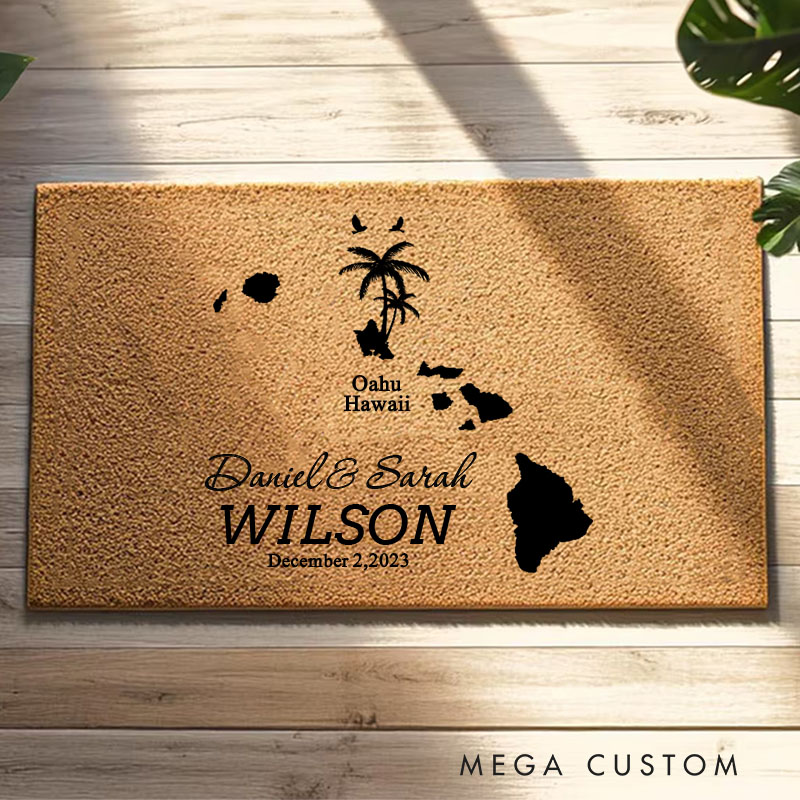 Personalized Tropical Theme Doormat Custom Island Design Durable Coir Welcome Mat for New Home Entryway Unique Housewarming Gift for Couples and Family